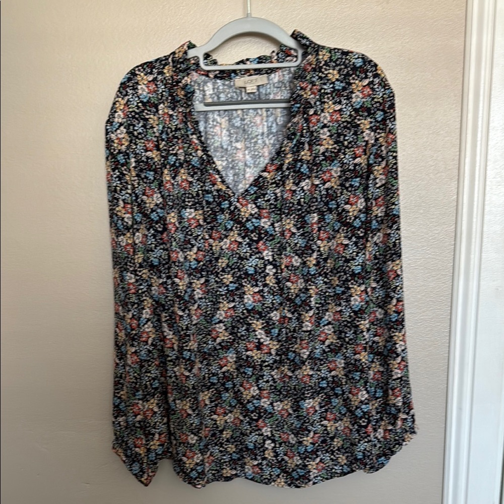 LOFT Black Puff Sleeve Wrap Blouse with Notched Collar